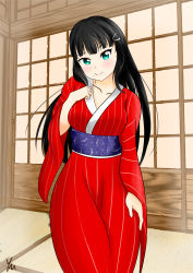 Rule 34 | 1girl, absurdres, aqua eyes, artist name, artist request, black hair, blunt bangs, blush, breasts, clenched hand, corset, door, female focus, floral print, flower, flower hair ornament, flower print, green eyes, hair flower, hair ornament, hairclip, highres, indoors, japanese clothes, kimono, kimono skirt, kurosawa dia, long hair, long sleeves, looking at viewer, love live!, love live! school idol festival, love live! school idol festival all stars, love live! sunshine!!, medium breasts, mole, mole under mouth, obi, parted lips, priestess dance (love live!), red flower, red kimono, sash, smile, solo, striped clothes, striped kimono, vertical-striped clothes, vertical-striped kimono, wide sleeves