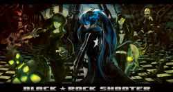 Rule 34 | 10s, 5girls, black devil girl, black gold saw, black rock shooter, black rock shooter (character), blue fire, chain, checkered floor, dark, dated, dead master, fire, floor, glowing, glowing eye, highres, king saw, letterboxed, multiple girls, prosthesis, rock, skull, standing, strength (black rock shooter), sword, weapon
