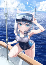 Rule 34 | 1girl, animal ear fluff, animal ears, black one-piece swimsuit, blue archive, blue eyes, blue sky, boat, breasts, cloud, competition swimsuit, covered navel, cross hair ornament, day, diving mask, diving mask on head, extra ears, goggles, goggles on head, grey hair, hair ornament, halo, harpoon, highres, horizon, kagura hiromu, looking at viewer, low ponytail, medium breasts, medium hair, mismatched pupils, multicolored clothes, multicolored swimsuit, ocean, official alternate costume, one-piece swimsuit, outdoors, shiroko (blue archive), shiroko (swimsuit) (blue archive), sky, smile, snorkel, solo, swimsuit, water, watercraft, wet, wet clothes, wolf ears