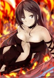 Rule 34 | 1girl, bare shoulders, black choker, blurry, blurry background, breasts, brown dress, brown eyes, brown hair, choker, closed mouth, collarbone, commentary request, depth of field, dress, ear piercing, fate/grand order, fate (series), fire, long hair, looking at viewer, medium breasts, piercing, solo, strapless, strapless dress, tasora, twitter username, very long hair, yu mei-ren (fate)