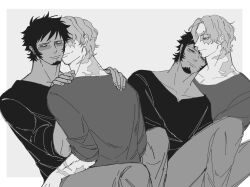 Rule 34 | 2boys, blush, burn scar, closed eyes, closed mouth, collarbone, commentary, earrings, embarrassed, facial hair, goatee, hands on another&#039;s shoulders, head on another&#039;s shoulder, head rest, highres, jewelry, long sleeves, male focus, monochrome, multiple boys, multiple views, one piece, pants, sabo (one piece), scar, scar across eye, scar on face, shirt, short hair, sitting, sleeves rolled up, smile, symbol-only commentary, trafalgar law, xve009, yaoi