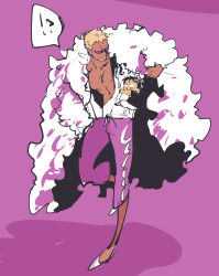 Rule 34 | !?, 2boys, aged down, ahi tb, black hair, blonde hair, child, donquixote doflamingo, feather trim, highres, hug, long sleeves, looking at another, monkey d. luffy, multiple boys, one piece, open clothes, open shirt, pectorals, scar, scar across eye, short hair