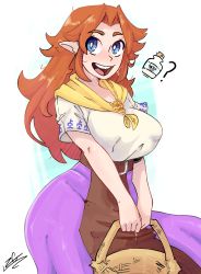 Rule 34 | 1girl, blue eyes, breasts, brown hair, highres, large breasts, long hair, looking at viewer, malon, nintendo, open mouth, own hands together, pointy ears, smile, solo, the legend of zelda, tongue, xyvetalarts