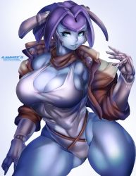 Rule 34 | 1girl, absurdres, alamander, blue skin, borrowed character, breasts, brown jacket, character request, cleavage, colored skin, commentary, contrapposto, copyright request, english commentary, green eyes, hair intakes, highleg, highleg leotard, highres, jacket, large breasts, leotard, mechanical hands, purple hair, robot ears, scarf, short hair, solo, standing, thick thighs, thighs, white leotard