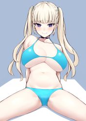 Rule 34 | 1girl, bare shoulders, bikini, blue bikini, blue eyes, blush, breasts, choker, cleavage, closed mouth, collarbone, halterneck, highres, jewelry, large breasts, light blonde haired girl (michihasu), long hair, looking at viewer, michihasu, original, sidelocks, silver hair, simple background, sitting, solo, spread legs, swimsuit, thighs, twintails