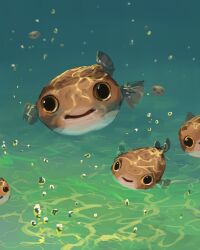 Rule 34 | air bubble, animal, bubble, commentary, english commentary, fish, highres, looking at viewer, no humans, open mouth, puffer fish, sam yang, smile, underwater, yellow eyes