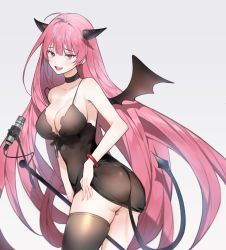 Rule 34 | 1girl, :d, ass, bangle, bare arms, bare shoulders, black choker, black dress, black thighhighs, bracelet, breasts, choker, cleavage, collarbone, cowboy shot, demon girl, demon horns, demon tail, demon wings, dress, from behind, gradient background, heart, heart-shaped pupils, highres, horns, jewelry, large breasts, long hair, looking at viewer, looking back, microphone stand, open mouth, original, pink eyes, pink hair, short dress, single thighhigh, skindentation, sleeveless, sleeveless dress, smile, solo, spaghetti strap, strap slip, symbol-shaped pupils, tail, thighhighs, thighs, timy, twisted torso, very long hair, white background, wings