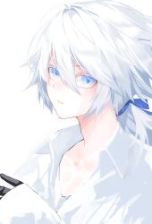 Rule 34 | 1boy, bishounen, black gloves, blue eyes, blue ribbon, collared shirt, commentary, eyebrows hidden by hair, gloves, hair between eyes, hair ribbon, highres, long hair, looking at viewer, looking to the side, male focus, original, pale skin, parted lips, ponytail, portrait, ribbon, shirt, simple background, solo, waka (shark waka), white background, white hair, white shirt