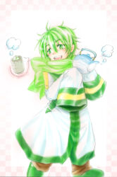 Rule 34 | 1boy, bow, brown pants, checkered background, child, coat, commentary request, cup, ei list-spirytus hkr, full body, green eyes, green footwear, green hair, green scarf, green tea, hands up, holding kettle, kettle, looking to the side, male focus, multicolored coat, nigaito, open mouth, pants, scarf, scarf bow, slippers, smile, solo, speech bubble, standing, steam, tea, teeth, upper teeth only, very long sleeves, vocaloid, walking, white background, white coat