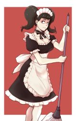 Rule 34 | 1girl, apron, black dress, bow choker, breasts, brown hair, chief (91m10), closed mouth, collarbone, dress, frilled apron, frilled dress, frilled sleeves, frills, frown, glaring, highres, holding, holding mop, kawakami sadayo, large breasts, maid, maid apron, maid headdress, mop, persona, persona 5, puffy short sleeves, puffy sleeves, red background, scowl, shaded face, short sleeves, simple background, solo, twintails, two-tone background, waist apron, white apron, white background, worried