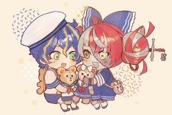 Rule 34 | 1boy, 1girl, astel leda, backpack, bag, beige background, blonde hair, blue hair, bow, chibi, double bun, grey hair, hair bow, hair bun, heterochromia, highres, holding, holding stuffed toy, hololive, hololive indonesia, holostars, intotherabbithole, kureiji ollie, looking down, multicolored hair, red bow, red eyes, red hair, sitting, smile, stitched face, stitches, streaked hair, stuffed animal, stuffed toy, sword, teddy bear, udin (kureiji ollie), virtual youtuber, weapon, white bow, yellow eyes