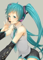 Rule 34 | 1girl, detached sleeves, eyelashes, face, hatsune miku, highres, lips, long hair, microphone, momoiro oji, necktie, smile, solo, twintails, very long hair, vocaloid