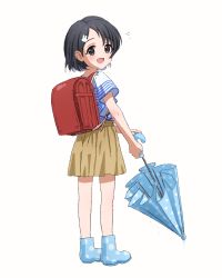 Rule 34 | 1girl, backpack, bag, black eyes, black hair, blue footwear, boots, brown skirt, child, commentary, dot nose, full body, hair ornament, hairclip, highres, holding, holding umbrella, idolmaster, idolmaster cinderella girls, legs, light blush, looking at viewer, looking back, megabee e, open mouth, polka dot, polka dot footwear, polka dot umbrella, rabbit hair ornament, randoseru, red bag, rubber boots, sasaki chie, shirt, short hair, short sleeves, skirt, smile, solo, striped clothes, striped shirt, umbrella, white background, white shirt