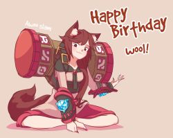 Rule 34 | 1girl, animal ears, ascot, asymmetrical bangs, birthday, bracer, brooch, brown eyes, brown hair, closed mouth, commentary, dota (series), dota 2, double dealing character, dress, eartshaker, fingernails, full body, happy birthday, highres, imaizumi kagerou, indian style, jewelry, long fingernails, long hair, looking at viewer, red skirt, shadow, simple background, sitting, skirt, smile, solo, tail, text focus, totem, touhou, werewolf, wolf ears, wolf girl, wolf tail, yoruny
