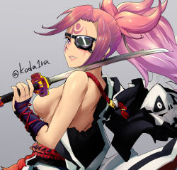 Rule 34 | 1girl, arc system works, arm guards, baiken, big hair, breasts, eyepatch, facial tattoo, forehead, guilty gear, guilty gear xrd, highres, holding, holding sword, holding weapon, japanese clothes, katana, kimono, koda1ra, looking at viewer, looking back, medium breasts, no bra, off shoulder, one-eyed, open clothes, open kimono, over shoulder, pink eyes, pink hair, ponytail, scar, scar across eye, scar on face, solo, sword, tattoo, topless, twitter username, weapon, weapon over shoulder