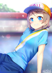 Rule 34 | 10s, 1girl, artist name, baseball cap, blue eyes, blurry, blush, brown hair, commentary request, depth of field, grin, hat, looking at viewer, love live!, love live! school idol festival, love live! sunshine!!, marshall (wahooo), peaked cap, shirt, short hair, short sleeves, smile, solo, t-shirt, watanabe you