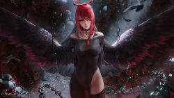 Rule 34 | 1girl, arms behind back, artist name, black choker, black dress, black thighhighs, black wings, braid, breasts, chain, chainsaw man, choker, closed mouth, cowboy shot, dress, feathered wings, feathers, hair over shoulder, halo, long hair, looking at viewer, makima (chainsaw man), medium breasts, off-shoulder dress, off shoulder, red hair, see-through, side slit, skull, solo, standing, thighhighs, unravel page, watermark, web address, wings, yellow eyes