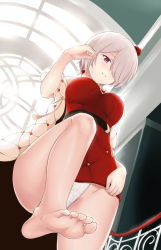 Rule 34 | 1girl, absurdres, adjusting hair, barefoot, clothes lift, dress, dress lift, feet, from below, hair over one eye, highres, honkai (series), honkai impact 3rd, indoors, looking at viewer, mole, mole under eye, panties, pantyshot, parted lips, pink eyes, pov, rita rossweisse, rita rossweisse (umbral rose), smile, soles, solo, standing, toes, underwear, upskirt