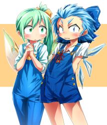 Rule 34 | 2girls, adapted costume, ascot, blue bow, blue eyes, blue hair, blue overalls, blush, bow, cirno, collared shirt, commentary, cowboy shot, daiyousei, fairy wings, flat chest, green eyes, green hair, hair bow, ice, ice wings, interlocked fingers, looking at viewer, multiple girls, neck ribbon, open mouth, overalls, own hands together, red ribbon, ribbon, shimizu pem, shirt, short hair, side ponytail, spiked hair, symbol-only commentary, touhou, white shirt, wings, yellow ascot, yellow bow