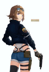 Rule 34 | .50 action-express, 1girl, absurdres, action arms, ammunition, anti-materiel cartridge, back, black thighhighs, blue jacket, brown hair, bullet, butt crack, closed mouth, commercial cartridge, denim, denim shorts, eyewear on head, full-power cartridge, girls&#039; frontline, gloves, grey gloves, grizzly mkv (girls&#039; frontline), gun, hand on own hip, handgun, handgun cartridge, highres, holding, holding gun, holding weapon, holster, jacket, l.a.r. manufacturing, lar grizzly win mag, looking at viewer, looking back, magnum cartridge, pistol, pistol cartridge, purple eyes, shichi (ratorin53), short hair, shorts, single thighhigh, solo, standing, thighhighs, weapon, white background