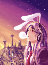 Rule 34 | 1girl, animal ears, bad id, bad pixiv id, blowing bubbles, chewing gum, city, female focus, headphones, highres, necktie, purple hair, rabbit ears, red eyes, red necktie, reisen udongein inaba, science fiction, solo, touhou, zhuxiao517