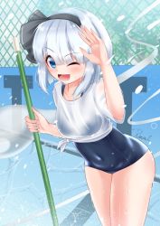 Rule 34 | 1girl, absurdres, black one-piece swimsuit, black ribbon, blue eyes, bob cut, chain-link fence, cleaning brush, commentary request, cowboy shot, empty pool, fence, hair ribbon, highres, hose, konpaku youmu, konpaku youmu (ghost), leaning forward, one-piece swimsuit, one eye closed, pool, ribbon, rital, school swimsuit, shirt, short hair, silver hair, solo, swimsuit, t-shirt, touhou, water, wet, wet clothes, wet shirt, white shirt