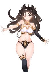 Rule 34 | 1girl, armlet, bikini, black bikini, black hair, black headwear, black thighhighs, breasts, detached sleeves, earrings, fate/grand order, fate (series), hair ribbon, highres, hoop earrings, ishtar (fate), jewelry, long hair, looking at viewer, medium breasts, mismatched bikini, navel, neck ring, open mouth, outstretched arms, panties, parted bangs, red eyes, ribbon, simple background, single sleeve, single thighhigh, smile, solo, spread arms, standing, swimsuit, thigh gap, thighhighs, tiara, two side up, underwear, white background, white bikini, zukki0731