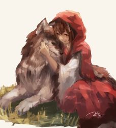 Rule 34 | 1girl, ;d, animal ears, blush, brown eyes, brown hair, closed mouth, hand on another&#039;s face, highres, hood, imaizumi kagerou, kouzuki kei, little red riding hood, long hair, lying, on ground, on stomach, one eye closed, open mouth, sitting, smile, touhou, white background, wolf
