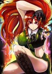 Rule 34 | 1girl, absurdres, braid, breasts, chinese clothes, female focus, gradient background, hanchi hannou, highres, hong meiling, long hair, red eyes, red hair, solo, touhou, touhou hisoutensoku, twin braids
