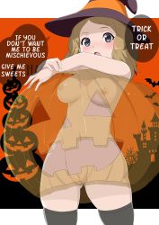 Rule 34 | 1girl, black thighhighs, blush, breasts, brown hat, cleft of venus, commentary request, cowboy shot, creatures (company), eyelashes, game freak, gluteal fold, grey eyes, halloween, halloween costume, hands up, hat, highres, light brown hair, long hair, makoto daikichi, navel, nintendo, open mouth, pokemon, pokemon (anime), pokemon xy (anime), pumpkin costume, serena (pokemon), solo, speech bubble, thighhighs, tongue, translation request, witch hat
