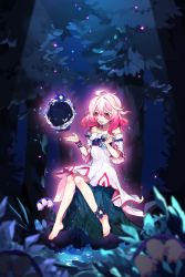 Rule 34 | 1girl, ahoge, bare shoulders, branch, child (elsword), collarbone, commentary, dress, elsword, flat chest, flower, full body, hair between eyes, highres, laby (elsword), long hair, night, night sky, open mouth, outdoors, pink eyes, pink hair, short sleeves, sitting, sky, softcr3am, solo, tree, white dress, white flower, wide sleeves