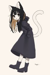 Rule 34 | 1girl, absurdres, animal ears, black hair, boots, cat ears, cat girl, cat tail, colored inner hair, full body, furry, furry female, grey eyes, hands in pockets, highres, hood, hood down, hooded coat, leaning forward, light brown hair, long hair, looking at viewer, meg (115meg), multicolored hair, open mouth, original, raincoat, signature, simple background, solo, standing, tail, whiskers, white background