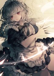 Rule 34 | 1girl, apron, bad id, bad pixiv id, between fingers, blue dress, bow, braid, clock, commentary, cowboy shot, dress, frilled skirt, frills, grey hair, hair bow, hand up, highres, holding, holding knife, izayoi sakuya, knife, long hair, looking to the side, maid, maid headdress, namakuby, red eyes, short sleeves, skirt, solo, touhou, twin braids