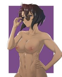 Rule 34 | 1girl, brown hair, dark-skinned female, dark skin, glasses, gunsmith cats, hand on own hip, highres, medium hair, nipples, nude, pomelomelon, rally vincent, smile, solo, standing, sunglasses, toned