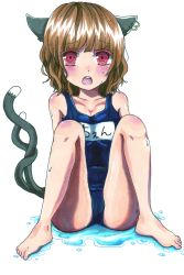 Rule 34 | 1girl, bad id, bad pixiv id, barefoot, blush, chen, feet, female focus, highres, nemuta muu, no headwear, one-piece swimsuit, open mouth, puddle, school swimsuit, sitting, solo, swimsuit, touhou, water, wet