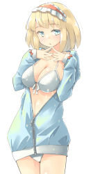 Rule 34 | 1girl, :/, alice margatroid, alternate costume, arnest, bikini, blonde hair, blue eyes, breasts, cleavage, cowboy shot, finger touching, hairband, highres, large breasts, lolita hairband, long sleeves, looking at viewer, navel, open mouth, red hairband, short hair, simple background, solo, standing, swimsuit, touhou, white background, white bikini, zipper
