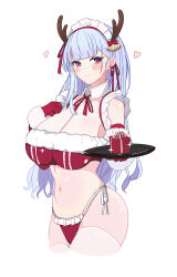 Rule 34 | 1girl, antlers, azur lane, bikini, blue hair, blunt bangs, blush, box, breasts, christmas, cleavage, closed mouth, collar, collarbone, cropped legs, detached collar, dido (azur lane), fake antlers, gift, gift box, gloves, hands up, heart, heart-shaped pupils, highres, holding, holding tray, horns, large breasts, londom (lonhomewell), long hair, looking at viewer, maid, maid headdress, navel, purple eyes, red bikini, red gloves, reindeer antlers, santa bikini, santa costume, side-tie bikini bottom, simple background, smile, solo, sparkle, stomach, swimsuit, symbol-shaped pupils, thighhighs, tray, white background, white collar, white thighhighs