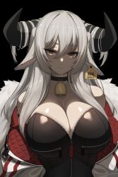 Rule 34 | 1girl, animal ears, bell, black background, black choker, black leotard, breasts, choker, cleavage, closed mouth, dev (dev0614), ear tag, expressionless, fur-trimmed jacket, fur trim, grey hair, hair between eyes, highres, horizontal pupils, horns, huge breasts, jacket, leotard, looking at viewer, neck bell, off shoulder, open clothes, open jacket, original, partially unzipped, simple background, solo, upper body, white jacket, yellow eyes, zipper pull tab