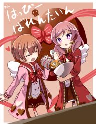 Rule 34 | 10s, 2girls, :3, :d, ^ ^, angel wings, brown hair, candy, chocolate, chocolate heart, closed eyes, coat, food, happy valentine, headset, heart, highres, hoshizora rin, kamaboko, love live!, love live! school idol festival, love live! school idol project, mixing bowl, multiple girls, narutomaki, nishikino maki, nissin cup noodle, noodles, open mouth, pouring, purple eyes, red hair, ribbon, shipii (jigglypuff), short hair, smile, stirring, valentine, whisk, wings