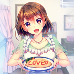 Rule 34 | 1girl, :d, apron, bedroom, blouse, brown eyes, brown hair, collarbone, food, frilled apron, frills, green shirt, hair ornament, hairclip, head tilt, holding, holding plate, indoors, jewelry, ketchup, long hair, looking at viewer, matching hair/eyes, momore (peaches), necklace, omelet, omurice, open mouth, original, plate, shirt, short hair, short sleeves, smile, solo, upper body