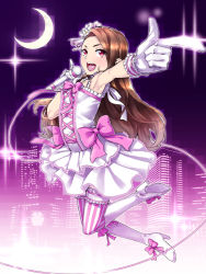 Rule 34 | 1girl, :d, \n/, arched back, armpits, bare shoulders, boots, bow, brown hair, cable, city, crescent moon, dress, flower, frills, gloves, hair flower, hair ornament, high heel boots, high heels, idolmaster, idolmaster (classic), jumping, long hair, microphone, minase iori, moon, night, open mouth, pointing, red eyes, ribbon, shoes, smile, solo, striped clothes, striped thighhighs, thighhighs, tkhs, vertical-striped clothes, vertical-striped thighhighs, wire