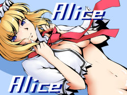Rule 34 | 1girl, alice margatroid, blonde hair, blue eyes, bottomless, breasts, cape, capelet, character name, cleavage, dutch angle, covered erect nipples, female focus, groin, hairband, large breasts, light smile, misopanne, naked cape, necktie, short hair, solo, touhou