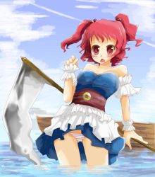 Rule 34 | 1girl, arano oki, blush, boat, coin, female focus, hair bobbles, hair ornament, onozuka komachi, panties, red eyes, red hair, saba miso, scythe, short hair, solo, striped clothes, striped panties, touhou, twintails, two side up, underwear, wading, water, watercraft