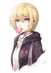 Rule 34 | 1girl, a-er (akkij0358), blonde hair, bright pupils, blowing bubbles, chewing gum, collared shirt, commentary request, ear piercing, highres, idolmaster, idolmaster shiny colors, jacket, open clothes, open jacket, piercing, pink eyes, saijo juri, shirt, short hair, simple background, solo, star (symbol), upper body, white background, white shirt, wing collar