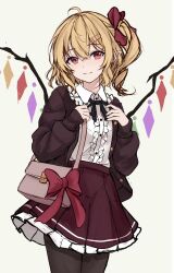 Rule 34 | 1girl, absurdres, alternate costume, bag, black pantyhose, black ribbon, blonde hair, bow, brown sweater vest, center frills, contemporary, cowboy shot, crystal wings, flandre scarlet, frilled shirt, frilled skirt, frills, hair bow, hair ornament, hairclip, handbag, hands up, highres, holding, holding bag, long hair, looking at viewer, neck ribbon, open clothes, open vest, orchid (orukido), pantyhose, pleated skirt, pointy ears, red bow, red eyes, red skirt, ribbon, shirt, side ponytail, skirt, sleeves past wrists, smile, solo, standing, sweater vest, touhou, vest, white shirt, wing collar