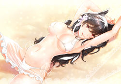 Rule 34 | 1girl, animal ears, arms up, atago (azur lane), atago (summer march) (azur lane), atago (summer march) (azur lane), azur lane, bikini, black hair, blush, breasts, brown eyes, cleavage, extra ears, flower, groin, hair flower, hair ornament, highres, large breasts, licking lips, light particles, long hair, looking at viewer, lying, mole, mole under eye, navel, on back, raion (t12k1ro3), ribbon, sand, see-through, side-tie bikini bottom, skindentation, smile, solo, stomach, swimsuit, thighs, tongue, tongue out, white bikini
