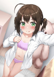 1girl :p absurdres ahoge blush bra breasts cleavage green_eyes highres indoors looking_at_viewer midriff navel nedia_(nedia_region) open_clothes open_shirt original panties pink_bra pink_panties selfie shirt small_breasts solo stuffed_animal stuffed_toy teddy_bear thighs tongue tongue_out underwear white_shirt