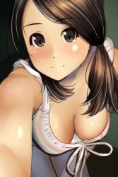 Rule 34 | 1girl, absurdres, bare shoulders, blush, breasts, brown eyes, brown hair, cleavage, closed mouth, collarbone, downblouse, hair tie, head tilt, highres, leaning forward, long hair, looking at viewer, low twintails, matsunaga kouyou, medium breasts, nose blush, original, outstretched arm, pink skirt, reaching, reaching towards viewer, selfie, skirt, smile, solo, standing, striped, swept bangs, twintails