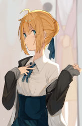 Rule 34 | 1girl, ahoge, artoria pendragon (all), artoria pendragon (fate), bad id, bad pixiv id, blonde hair, blouse, blue ribbon, blue skirt, braid, breasts, closed mouth, commentary request, fate/stay night, fate (series), fingernails, french braid, green eyes, hair bun, hair ribbon, hand on own chest, highres, inago 3939, jacket, long sleeves, medium breasts, ribbon, saber (fate), shirt, single hair bun, skirt, sleeves past wrists, solo, sweatdrop, upper body, white shirt