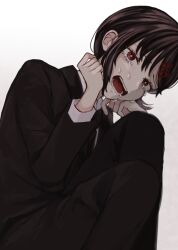 Rule 34 | 1girl, black jacket, black necktie, black pants, brown eyes, brown hair, chainsaw man, collared shirt, crying, crying with eyes open, formal, grey background, hair ornament, hairclip, higashiyama kobeni, highres, jacket, looking at viewer, mole, mole under eye, mole under mouth, necktie, open mouth, pants, shirt, short hair, simple background, single sidelock, solo, suit, tears, white shirt, woruworu 61
